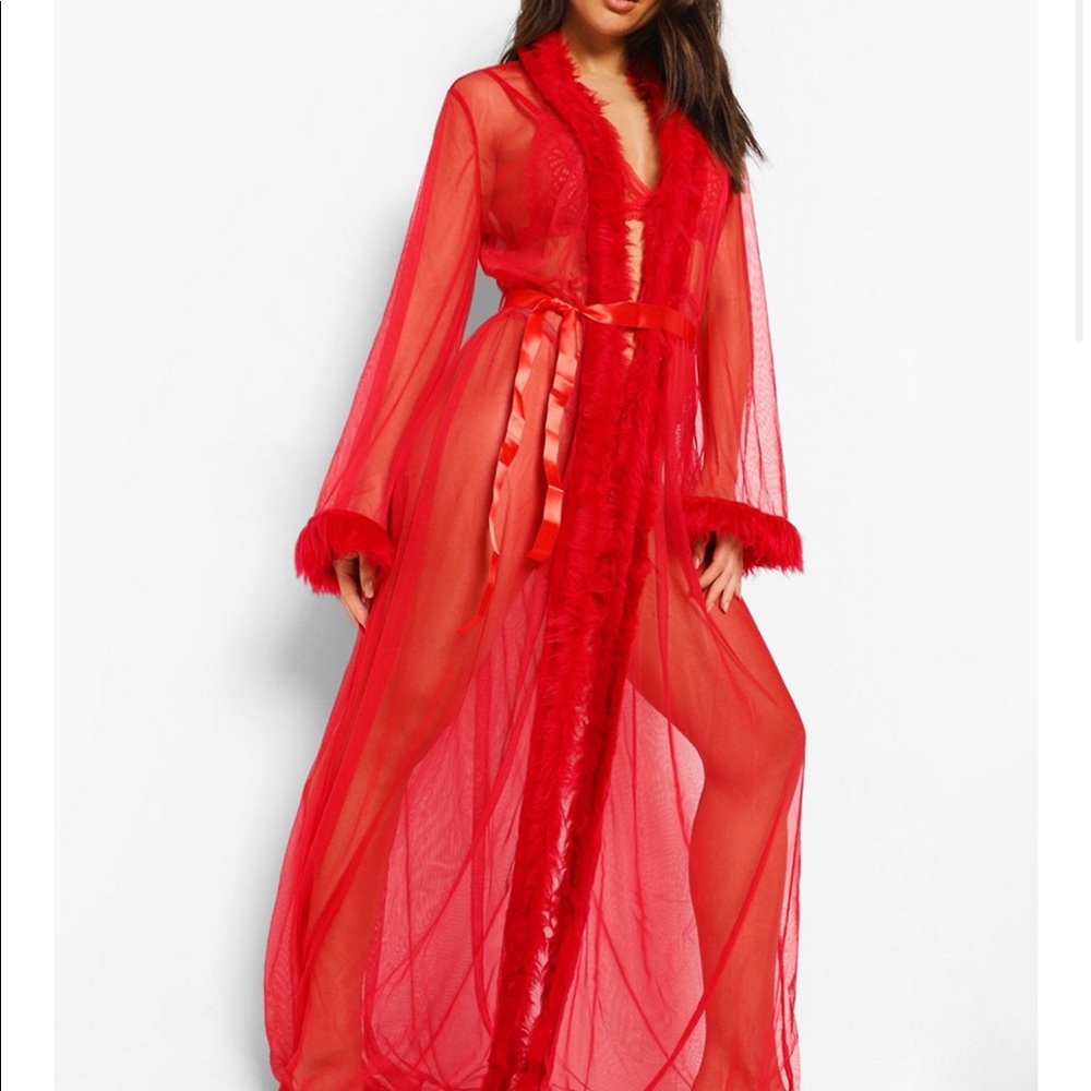 Premium Fluffy Trim Maxi Robe Red